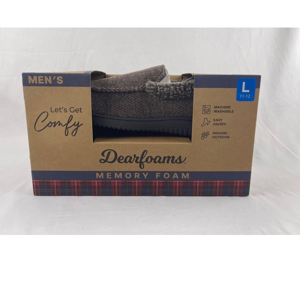 Dearfoams Memory Foam Men L 11-12 Coffee Brown New Herringbone Moccasin Slippers